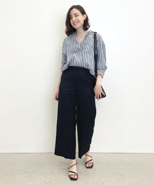 自由区 【接触冷感・速乾・UVカット・撥水・防シワ】リネンライクツイル ワイドストレート ネイビー系