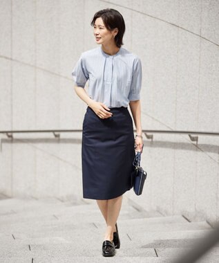 J.PRESS LADIES L 【イージーケア】ストライプジャージー バンドカラー カットソー サックスブルー系1