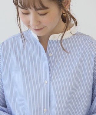 AMERICAN HOLIC イージーケアバンドカラーロングシャツ Stripe Sax