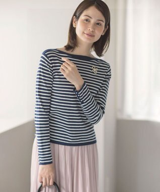 組曲 シルク混ニットロングＴシャツ ネイビー系1