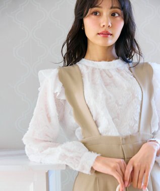 Feroux 【洗える】スカラップデザイン・サスペンダー付きパンツ ベージュ系