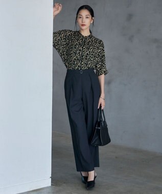 ICB 【新色追加・接触冷感・UVケア・速乾・洗える】BackSatinAmunzen 5分袖バンドカラーブラウス ブラック×クレイベージュ系