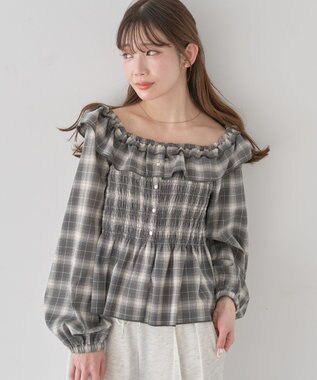 earth music&ecology 【予約】チェックシャーリングブラウス グレー