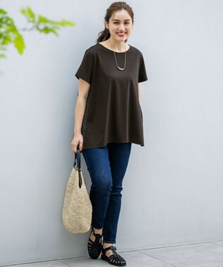 23区 L 【Lサイズ限定/洗える】スカーフプリントコンビ バックフレア カットソー ブラウン×ベージュ