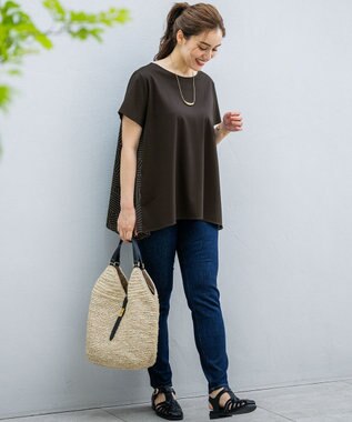 23区 L 【Lサイズ限定/洗える】スカーフプリントコンビ バックフレア カットソー ブラウン×ベージュ