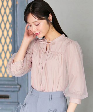 Feroux 袖チュールリボンスキッパー ブラウス ピンク系