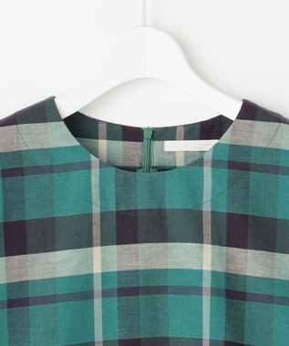 自由区 L コットンリネンチェック ブラウス グリーン×ネイビー系