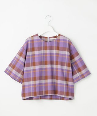 自由区 L コットンリネンチェック ブラウス パープル×ブラウン系