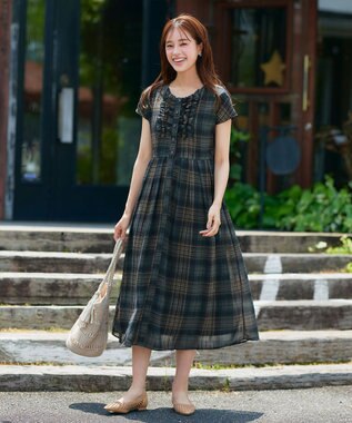 Tiaclasse L 【洗える】フリルワンピース ネイビーチェック