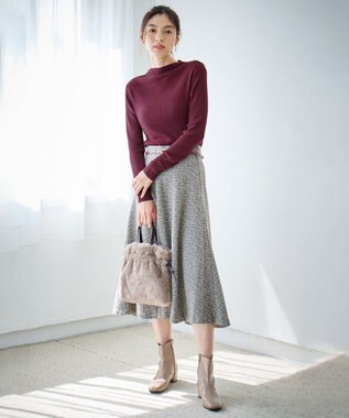 ANY 【ウエストゴム】ループツイードヘリンボーンフレアスカート グレーベース