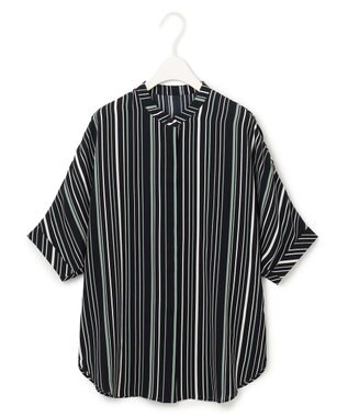 ICB 【新色追加・接触冷感・UVケア・速乾・洗える】BackSatinAmunzen 5分袖バンドカラーブラウス ネイビーストライプ系