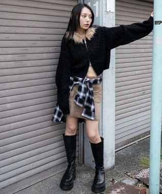 WEGO フェイクファー付きケーブルニットパーカー ブラック