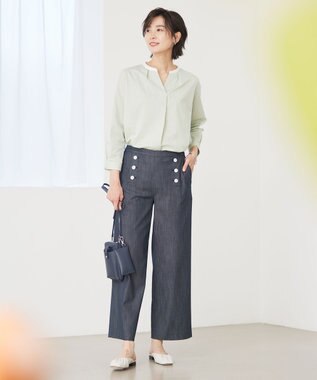 J.PRESS LADIES L ピンストライプジャージー バンドカラー スキッパー カットソー ライトグリーン系1