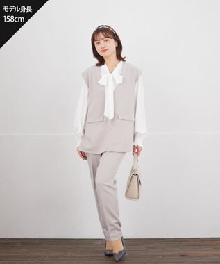 Tiaclasse 【ブラウス&ベスト&パンツ3点セット】リボンタイブラウス＋ベスト付き 3点セットアップ グレージュ