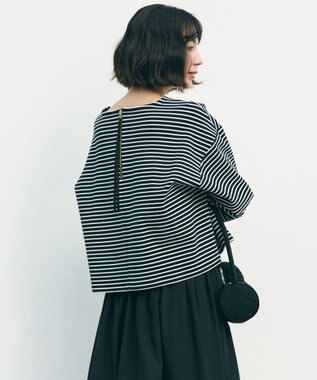 UNFILO ドライタッチリブ バックZIP ボーダートップス ネイビー×オフ