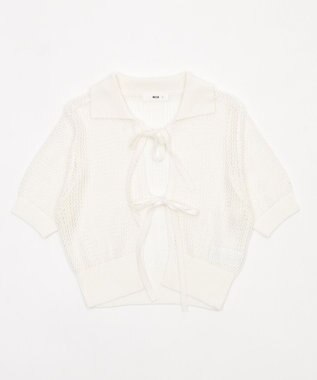 WEGO 襟付きリボンメッシュショートカーデ ホワイト