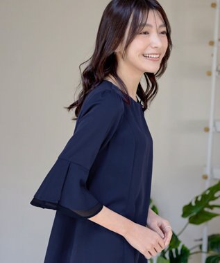 Tiaclasse 【新色追加・洗える】シフォンフレア袖チュニックブラウス ネイビー