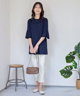 Tiaclasse 【新色追加・洗える】シフォンフレア袖チュニックブラウス ネイビー