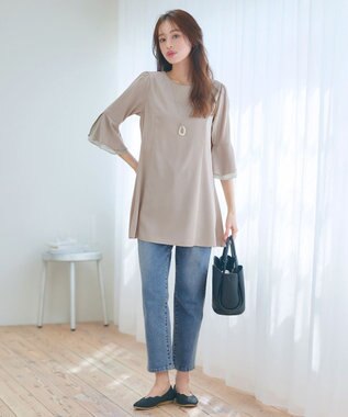 Tiaclasse 【新色追加・洗える】シフォンフレア袖チュニックブラウス グレージュ