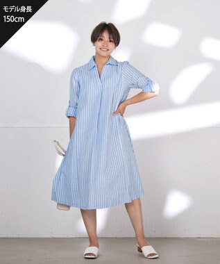 Tiaclasse 【洗える】 麻調Aラインシャツワンピース サックスストライプ