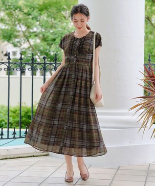 Tiaclasse L 【洗える】フリルワンピース ブラウンチェック