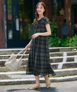 Tiaclasse L 【洗える】フリルワンピース ネイビーチェック