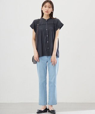 組曲 L ギャザーライトデシンシャーリング ブラウス ネイビー系