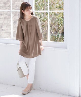 Tiaclasse 【洗える】レイヤードスリーブシフォンチュニック モカ