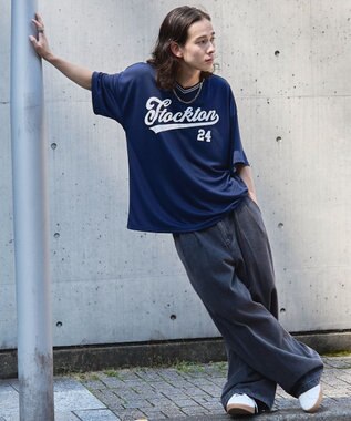 WEGO 【ユニセックス着用ITEM/2点セットネックレス付き/MLサイズ展開】アクセ付きラインリブメッシュプルオーバー ネイビー