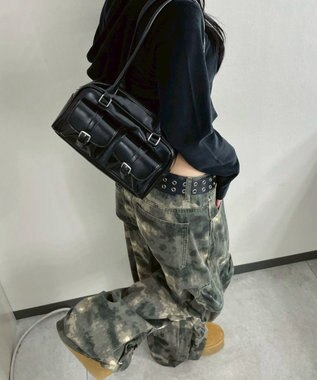 WEGO ベルト2ポケットデザインボストンバッグ ブラック