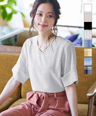 Tiaclasse L 【洗える】ゆったりシルエットの幅広カフスブラウス オフストライプ