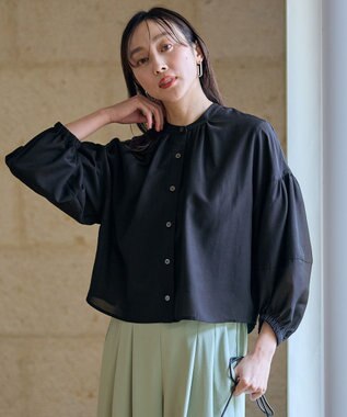 ANY シアーテックリネンギャザーブラウス ブラック