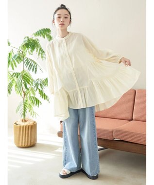 earth music&ecology コットンボイル切替ティアードチュニック Ivory