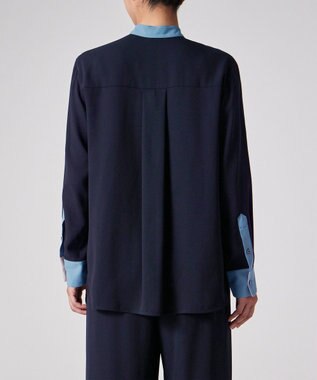 Paul Smith バックサテン ジョーゼット スタンドカラー ブラウス ネイビー