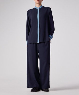 Paul Smith バックサテン ジョーゼット スタンドカラー ブラウス ネイビー