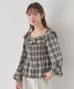earth music&ecology 【予約】チェックシャーリングブラウス グレー