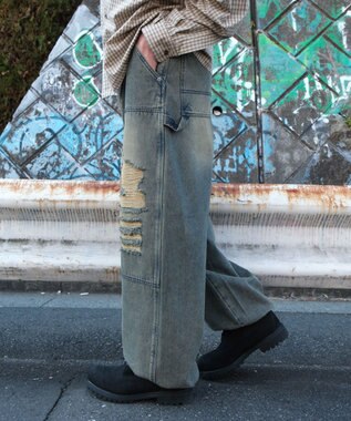 WEGO ダブルニーダメージデニムパンツ デニム淡加工色