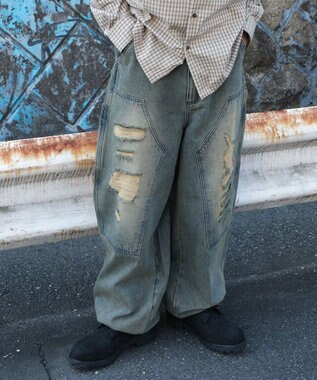 WEGO ダブルニーダメージデニムパンツ デニム淡加工色