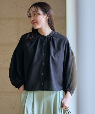 ANY シアーテックリネンギャザーブラウス ブラック