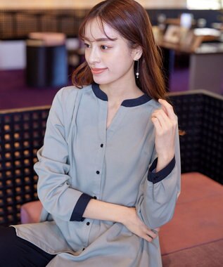 Tiaclasse 【洗える】クレリックシャツチュニックブラウス サックス×ネイビー