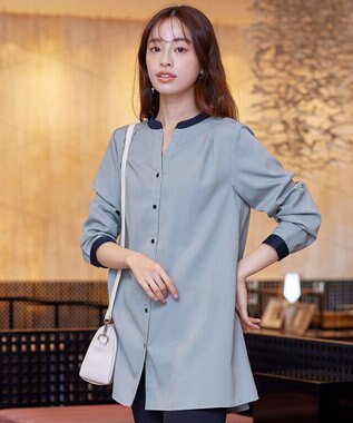 Tiaclasse 【洗える】クレリックシャツチュニックブラウス サックス×ネイビー