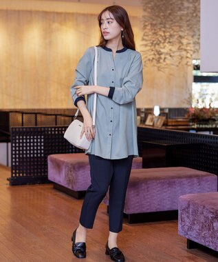 Tiaclasse 【洗える】クレリックシャツチュニックブラウス サックス×ネイビー