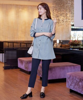 Tiaclasse 【洗える】クレリックシャツチュニックブラウス サックス×ネイビー