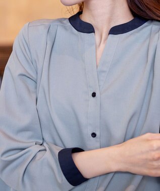 Tiaclasse 【洗える】クレリックシャツチュニックブラウス サックス×ネイビー