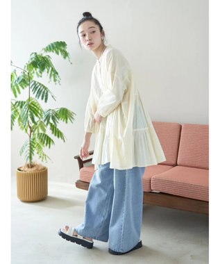 earth music&ecology コットンボイル切替ティアードチュニック Ivory