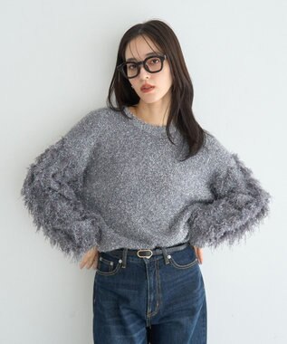 YECCA VECCA ラメフェザー袖フリンジニット