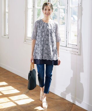 Tiaclasse 【洗える】スカラップレースチュニックブラウス グレー×ネイビー