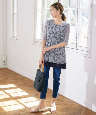 Tiaclasse 【洗える】スカラップレースチュニックブラウス グレー×ネイビー