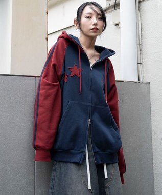 WEGO 【ユニセックス着用ITEM】ラインラグランZIPパーカー ネイビー