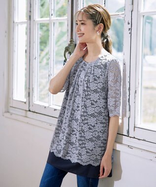 Tiaclasse 【洗える】スカラップレースチュニックブラウス グレー×ネイビー